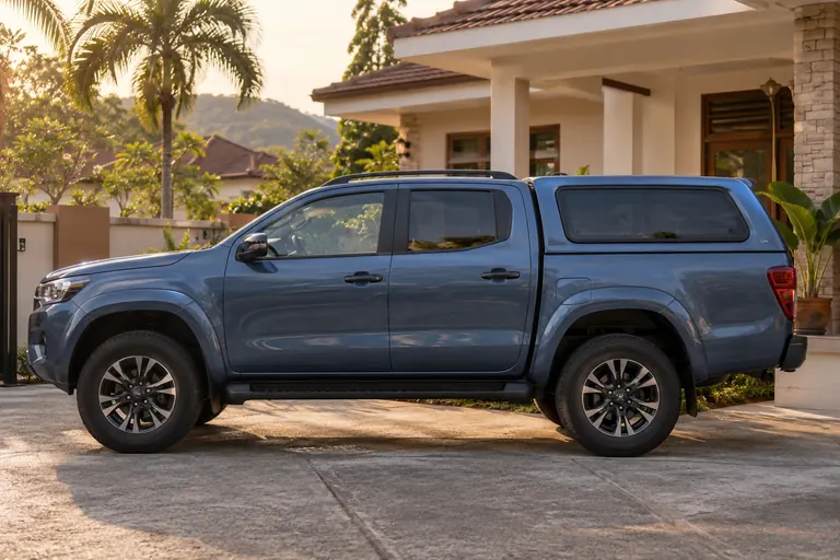 Pickup dengan kanopi belakang tertutup.